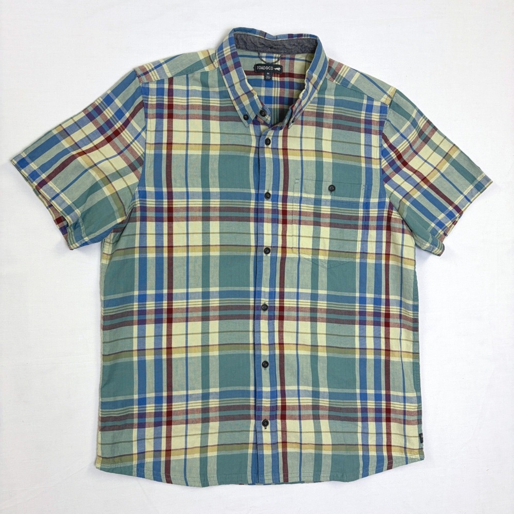 Toad & Co Eddy Short Sleeve Shirt Mens Medium Teal Yellow Plaid Organic Cotton